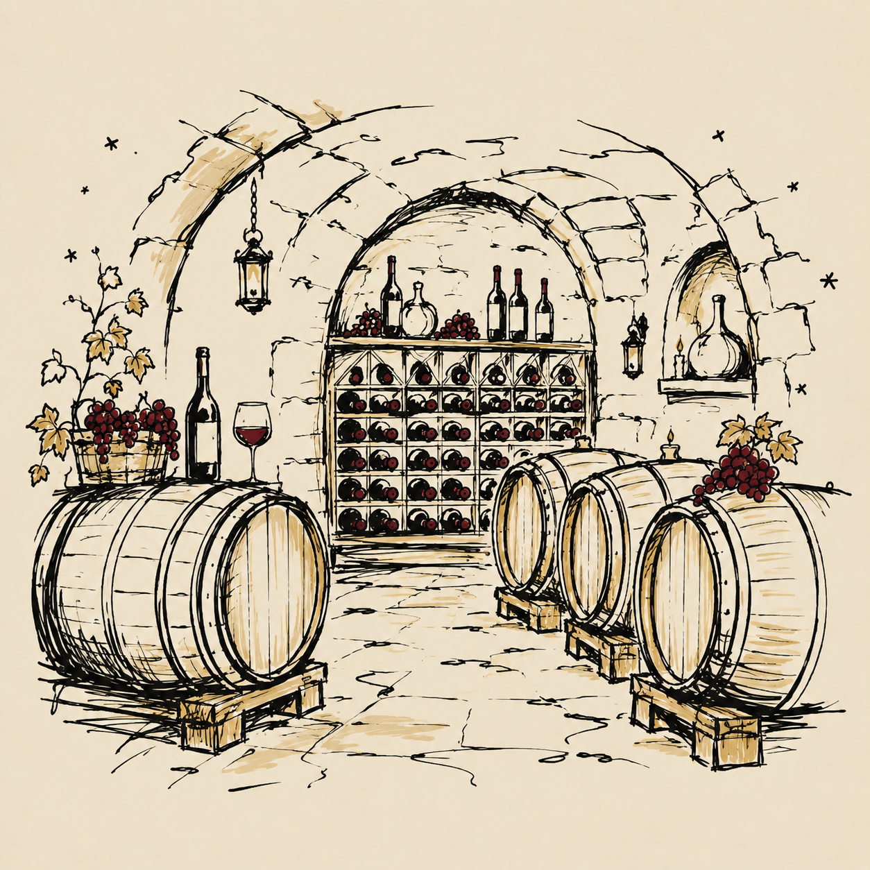 Illustrated wine cellar and barrel scene